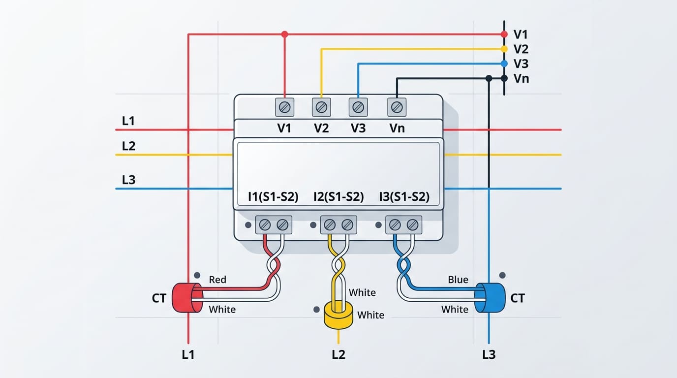 3-phase digital panel meter connection schematic with V1 V2 V3 Vn and I1 I2 I3 S1 S2 terminal labels