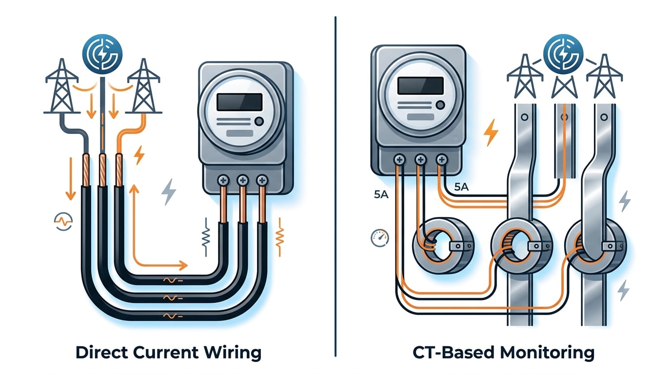 direct connection vs CT wiring schematic for 3 phase digital panel meter