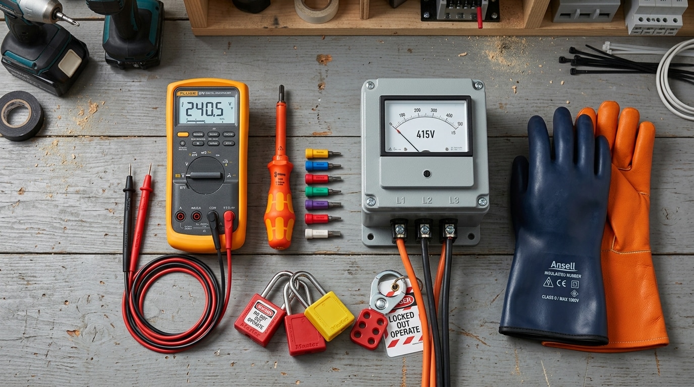 tools and PPE required for safe 3 phase digital panel meter connection wiring