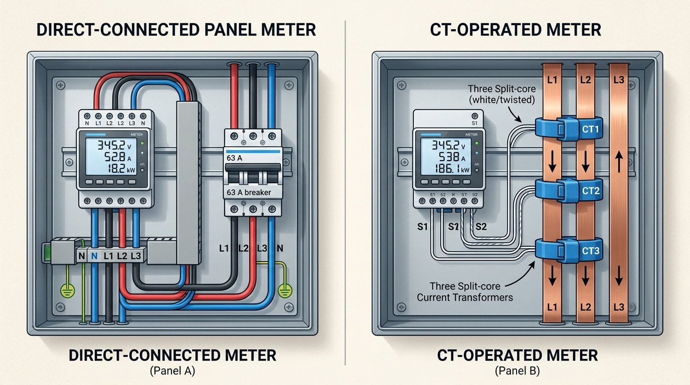 direct-connected vs CT-operated 3 phase digital panel meter wiring comparison