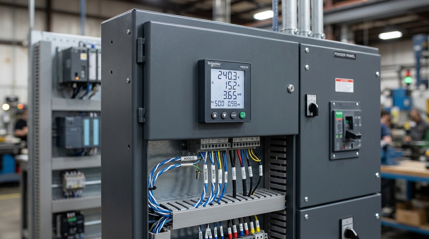 Schneider PM2230 3 phase digital panel meter installed in industrial switchboard