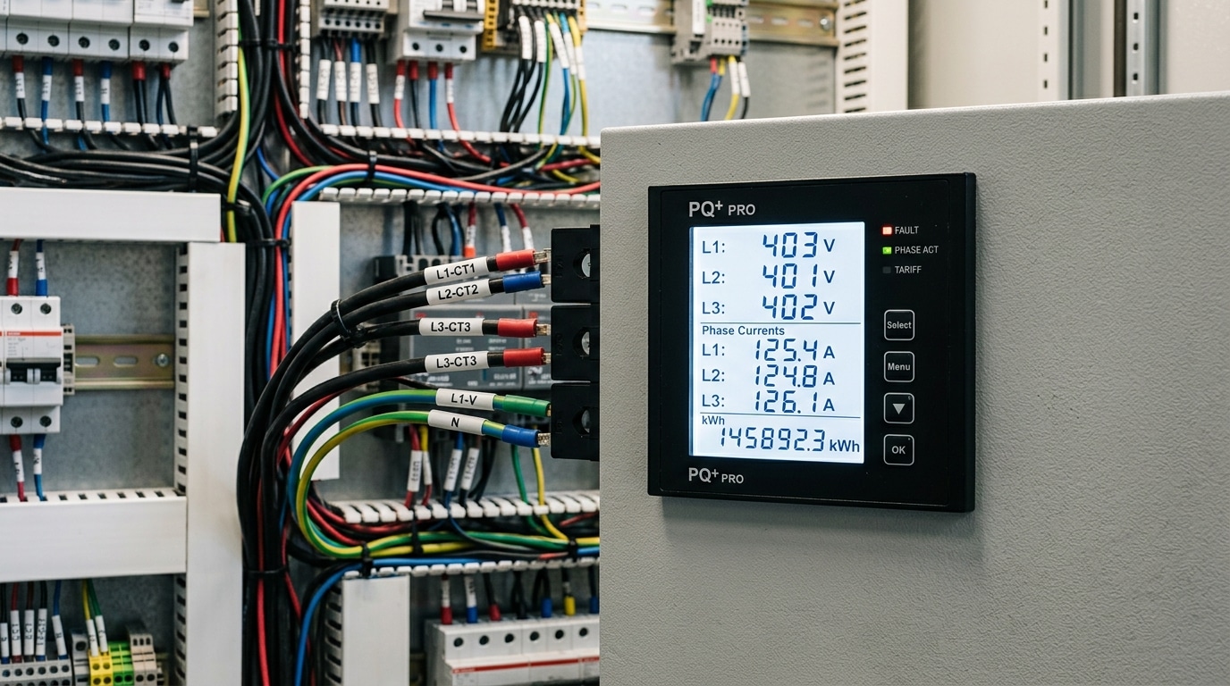 3 phase digital panel meter measuring voltage current and kWh in an industrial control panel