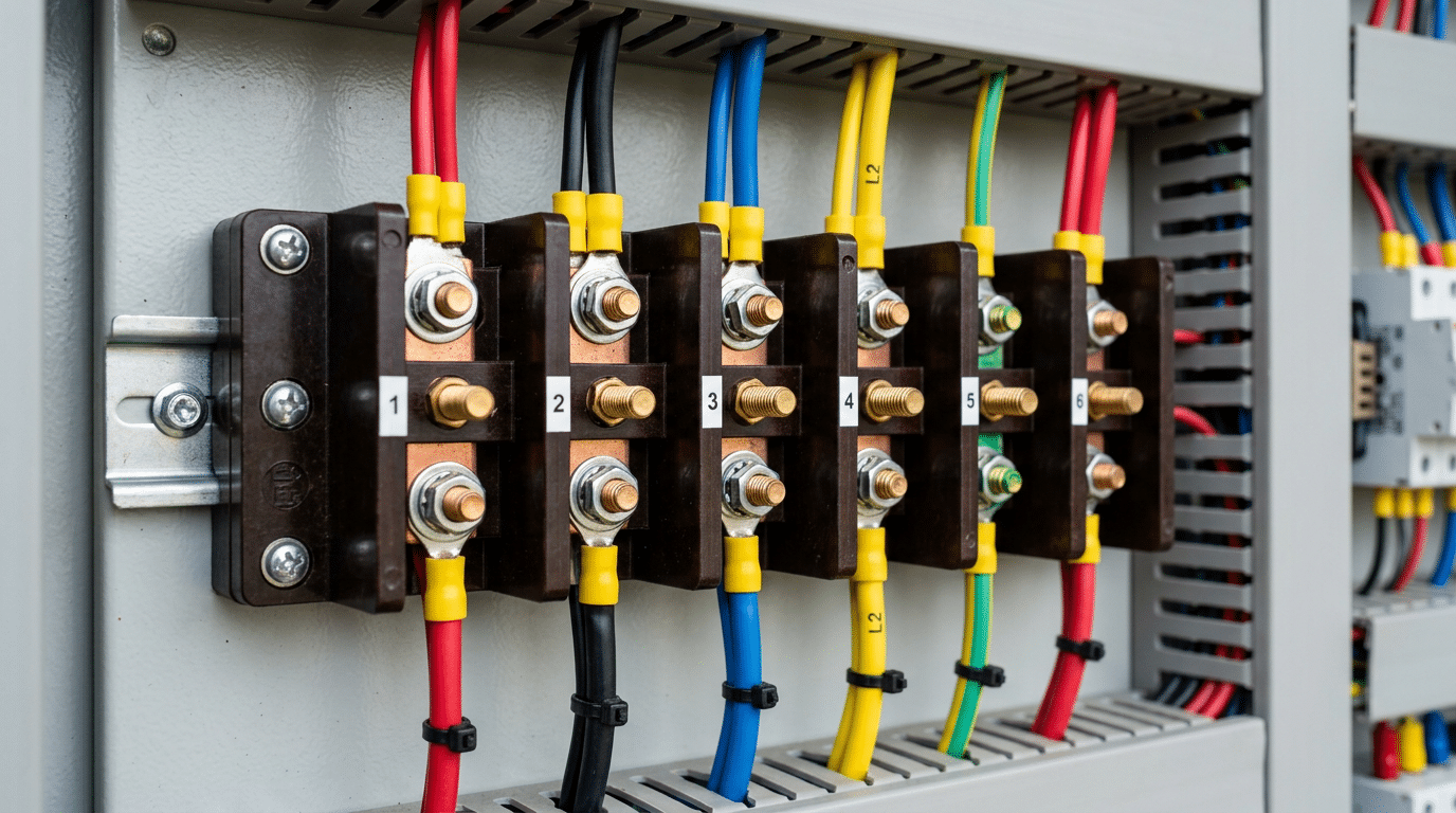 Barrier mount high voltage terminal block 600V rated installed in motor control center panel