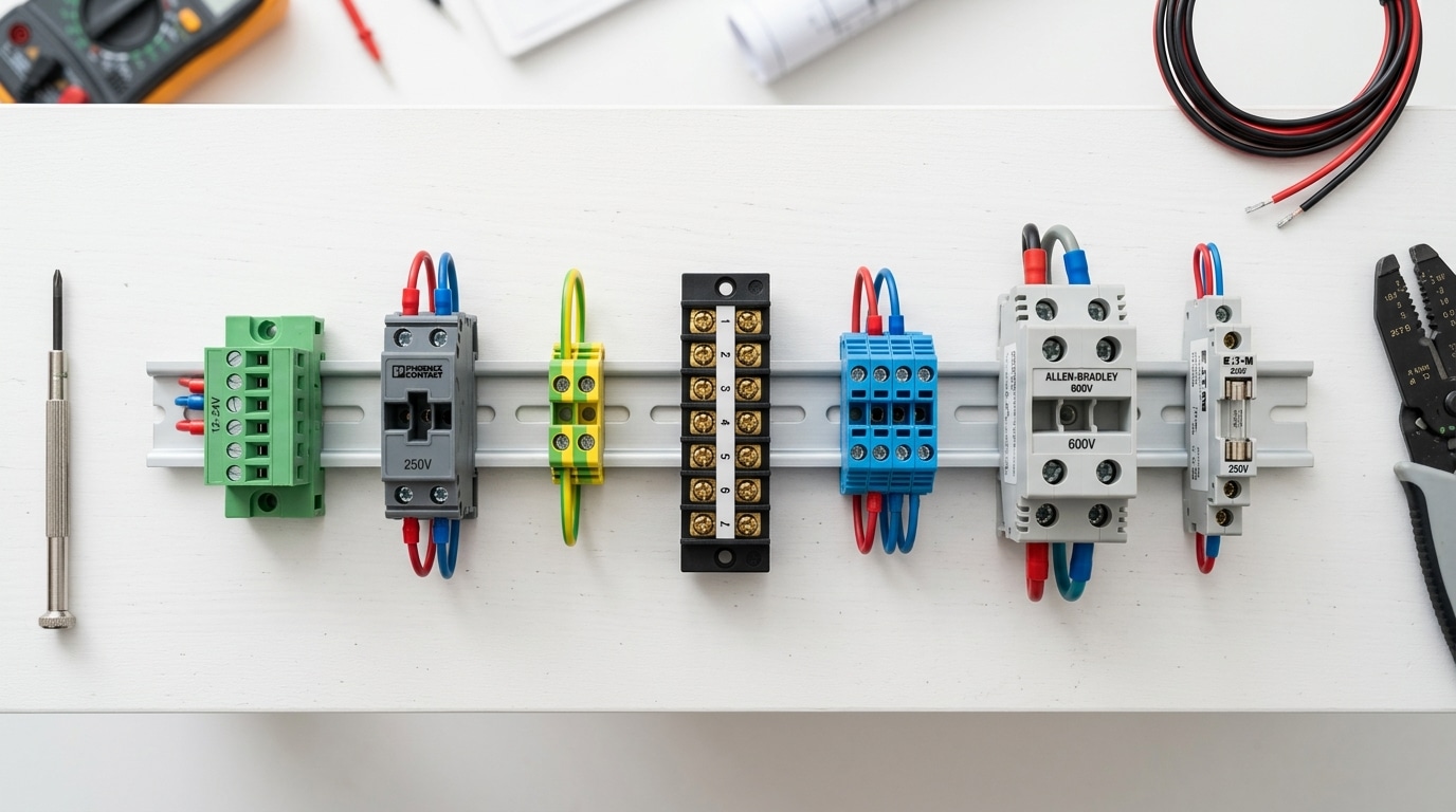 7 best high voltage terminal blocks rated 600V to 1000V displayed by mounting type