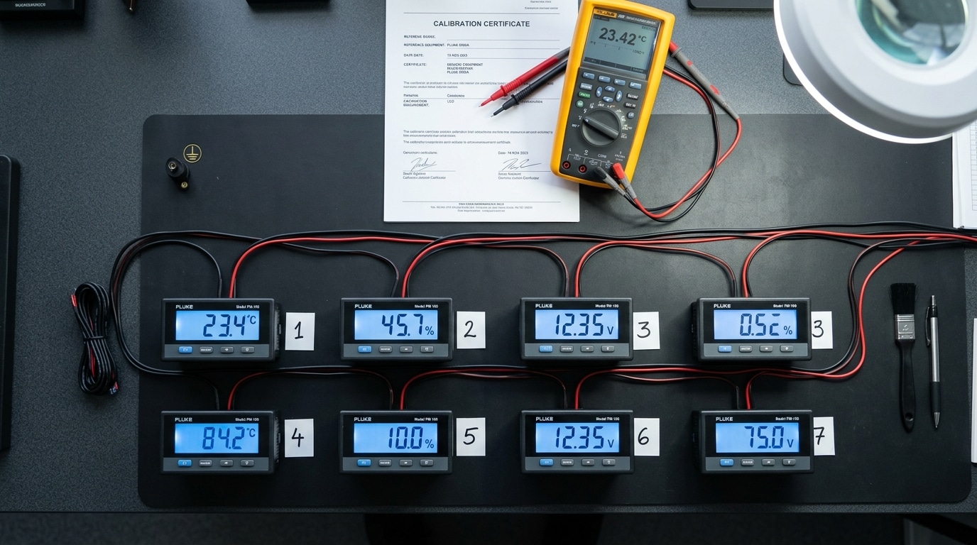 Top 7 LCD digital panel meter models arranged for comparison testing with calibration reference equipment