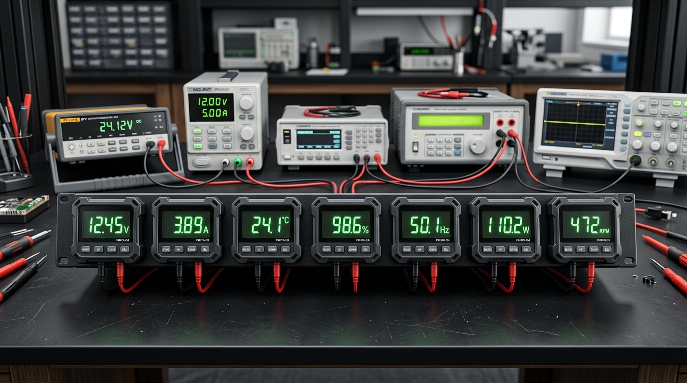 seven best LCD digital panel meters compared side by side on testing bench