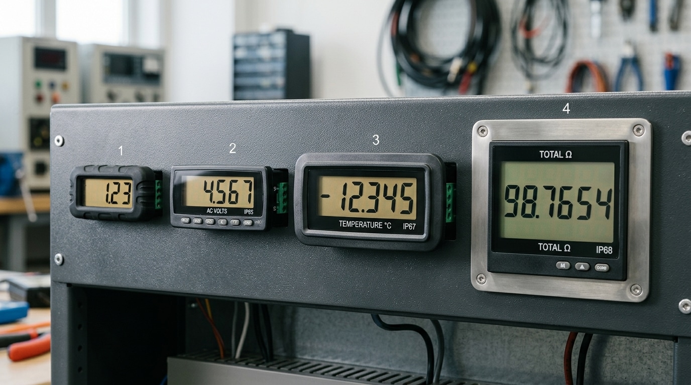 LCD digital panel meter feature comparison showing display digits, IP ratings, and DIN panel cutout standards