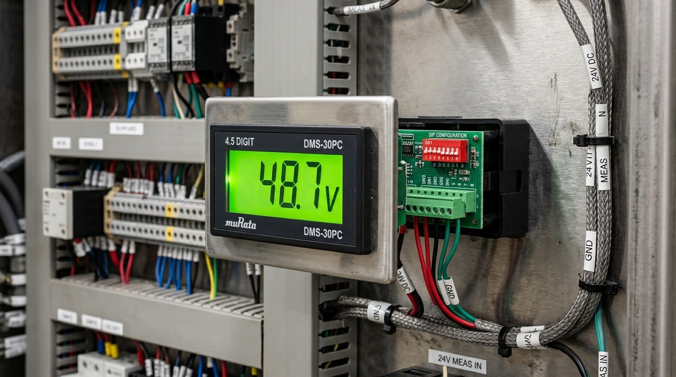 Best overall LCD digital panel meter Murata DMS-30PC installed in industrial control panel showing DC voltage reading