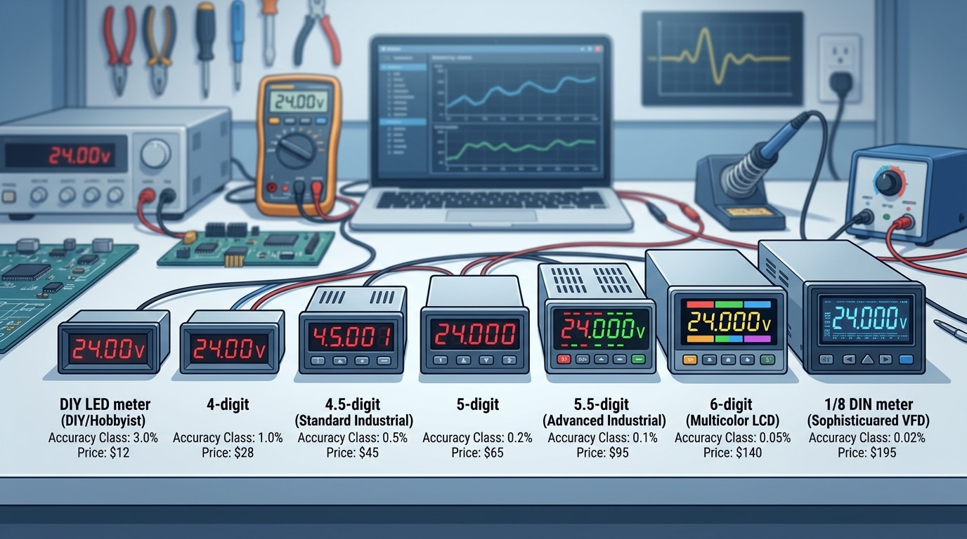DC digital panel meter comparison showing seven models across accuracy classes and input ranges