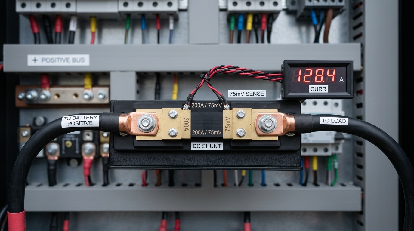 DC digital panel meter wired to external shunt for high-current range extension