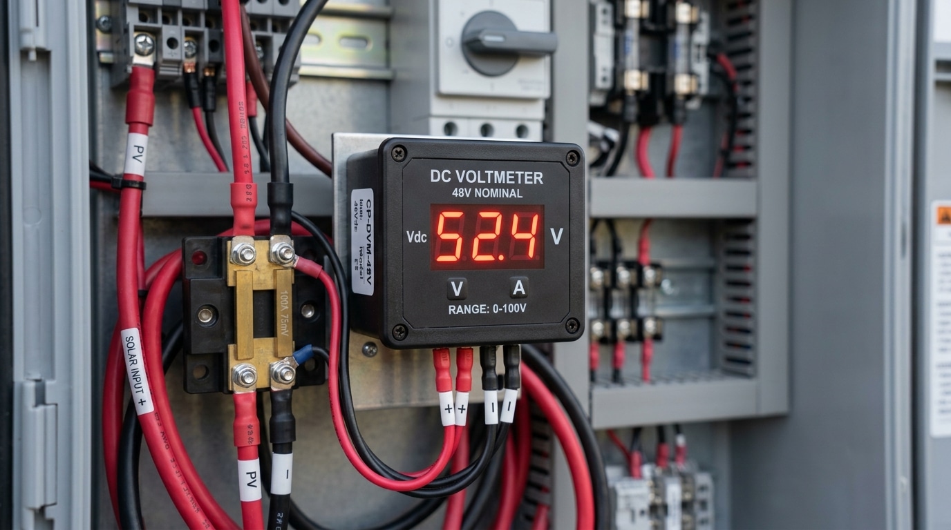 DC digital panel meter installed in solar PV combiner box showing voltage reading