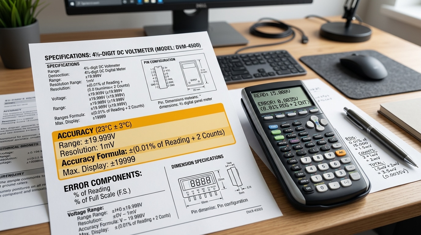 DC digital panel meter accuracy rating datasheet interpretation example