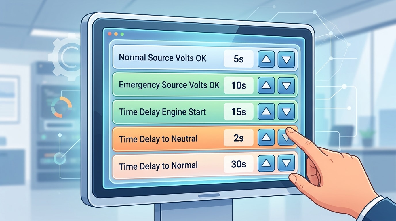 ATS controller functions programmable time delay configuration screen