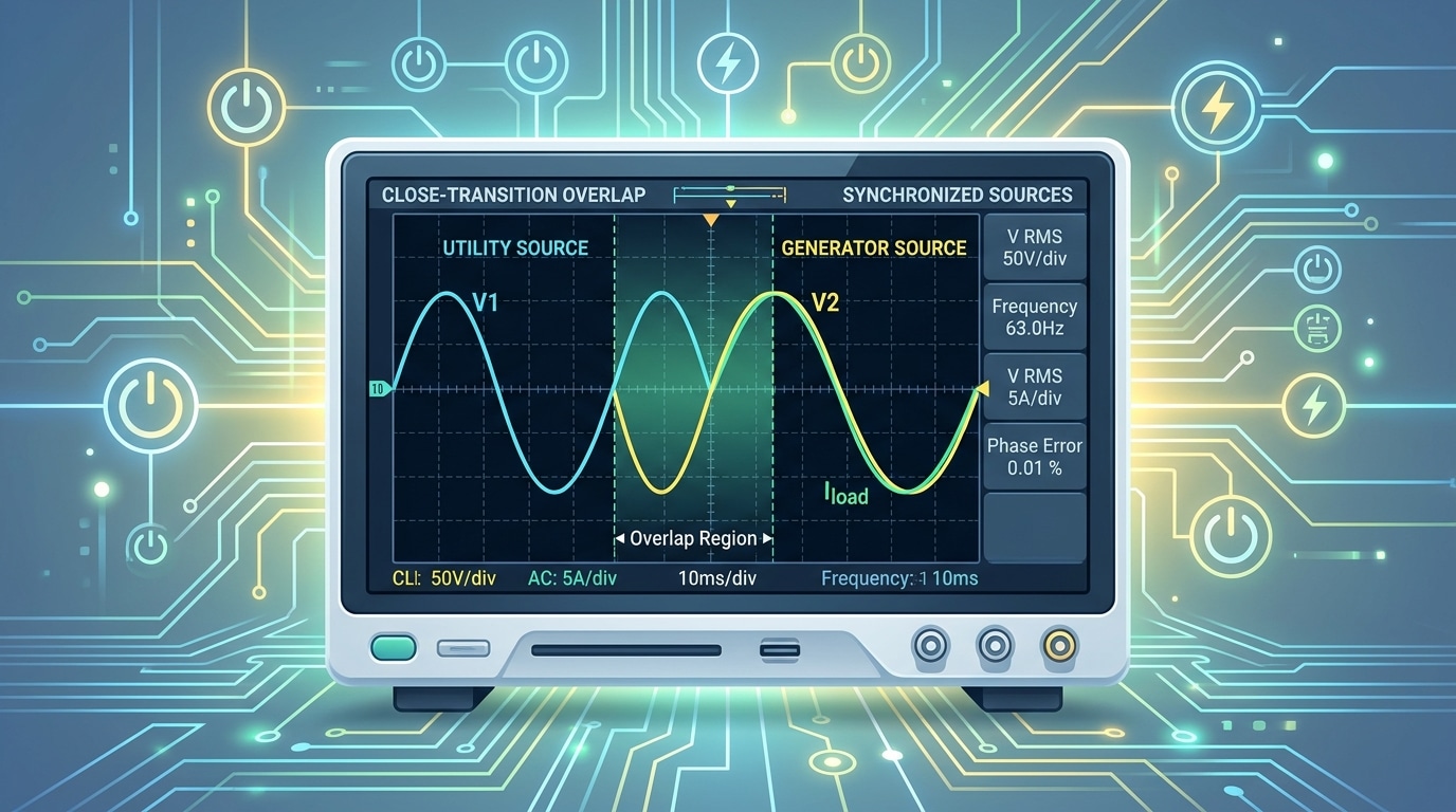 ATS controller functions sequencing closed-transition transfer between utility and generator