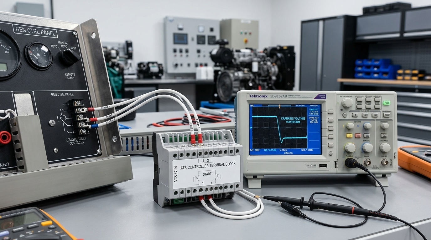 ATS controller functions engine start logic with two-wire generator cranking sequence