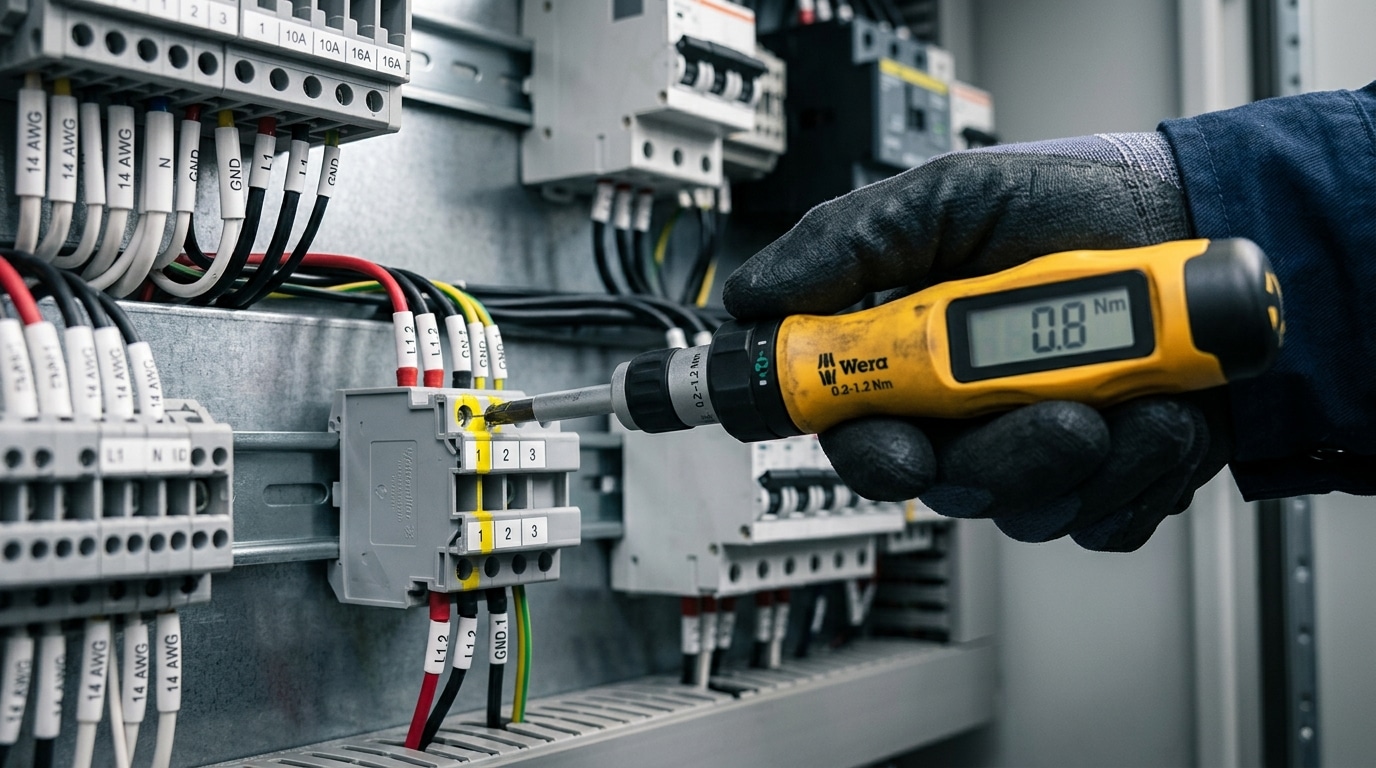 Calibrated torque screwdriver verifying terminal block specifications on M3 screw connection
