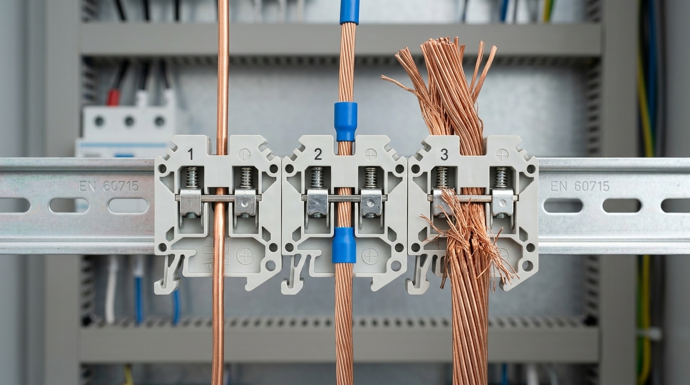 terminal block specifications for wire size compatibility showing AWG and mm² conductor ranges