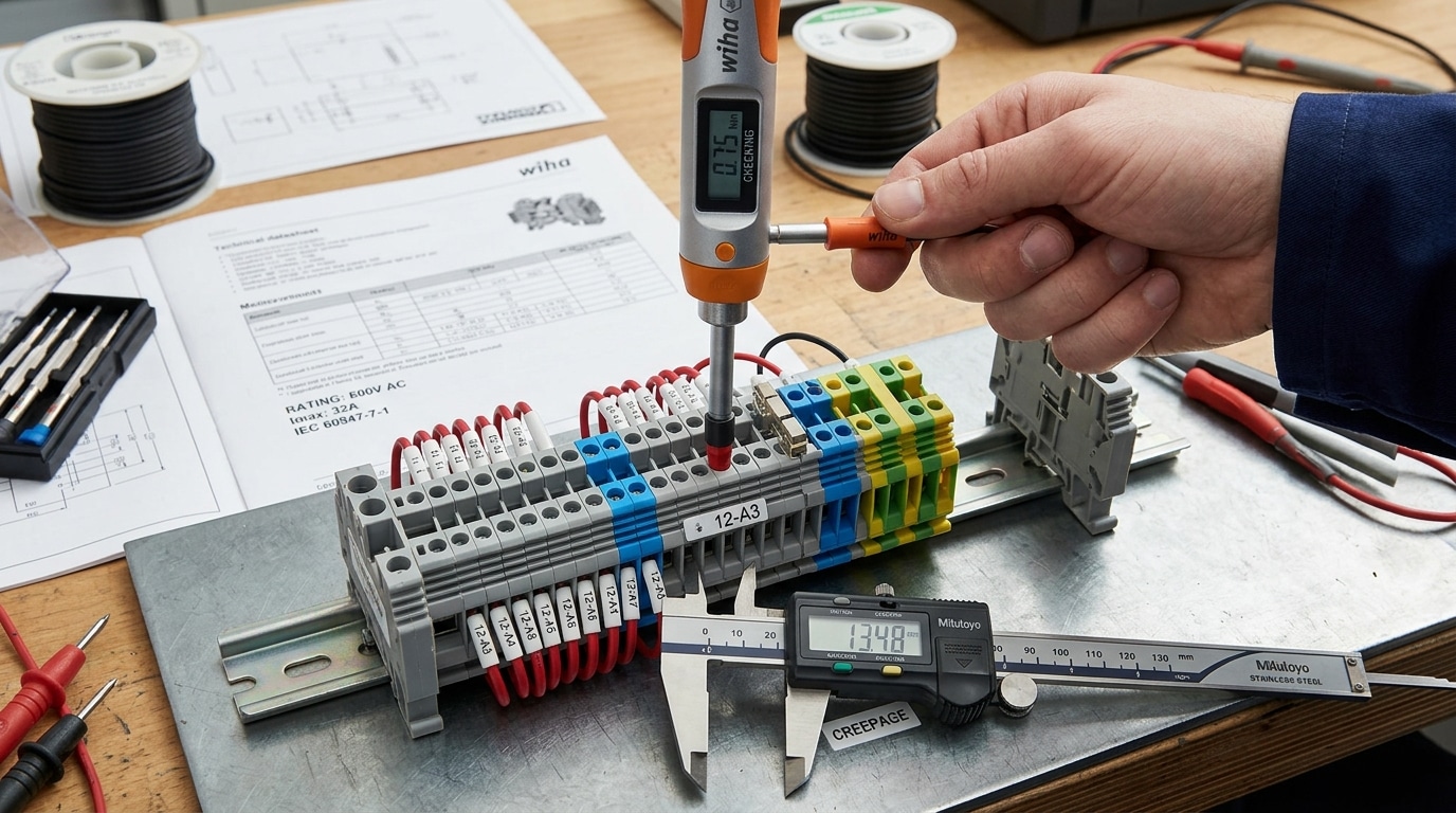 Engineer verifying terminal block specifications including torque, creepage distance, and voltage ratings on DIN rail