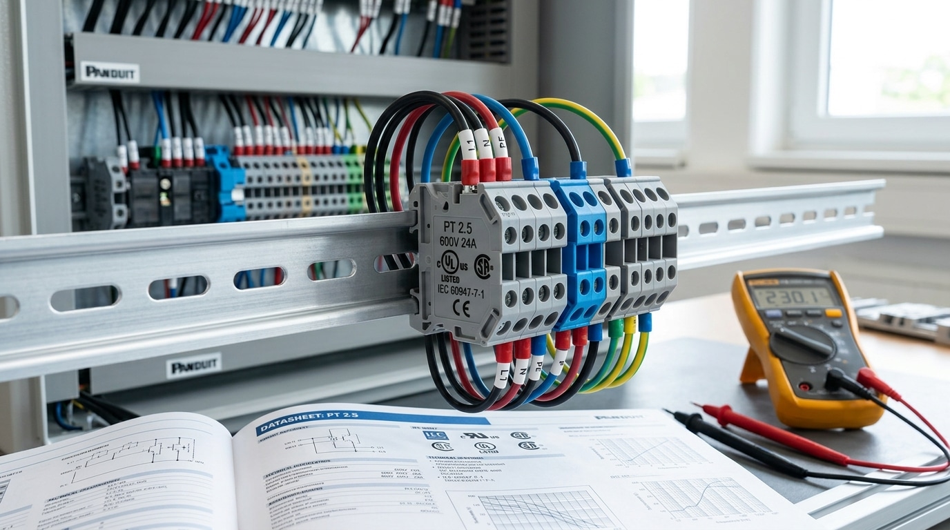 Terminal block specifications showing UL, CSA, and IEC certification marks on DIN rail mounted blocks