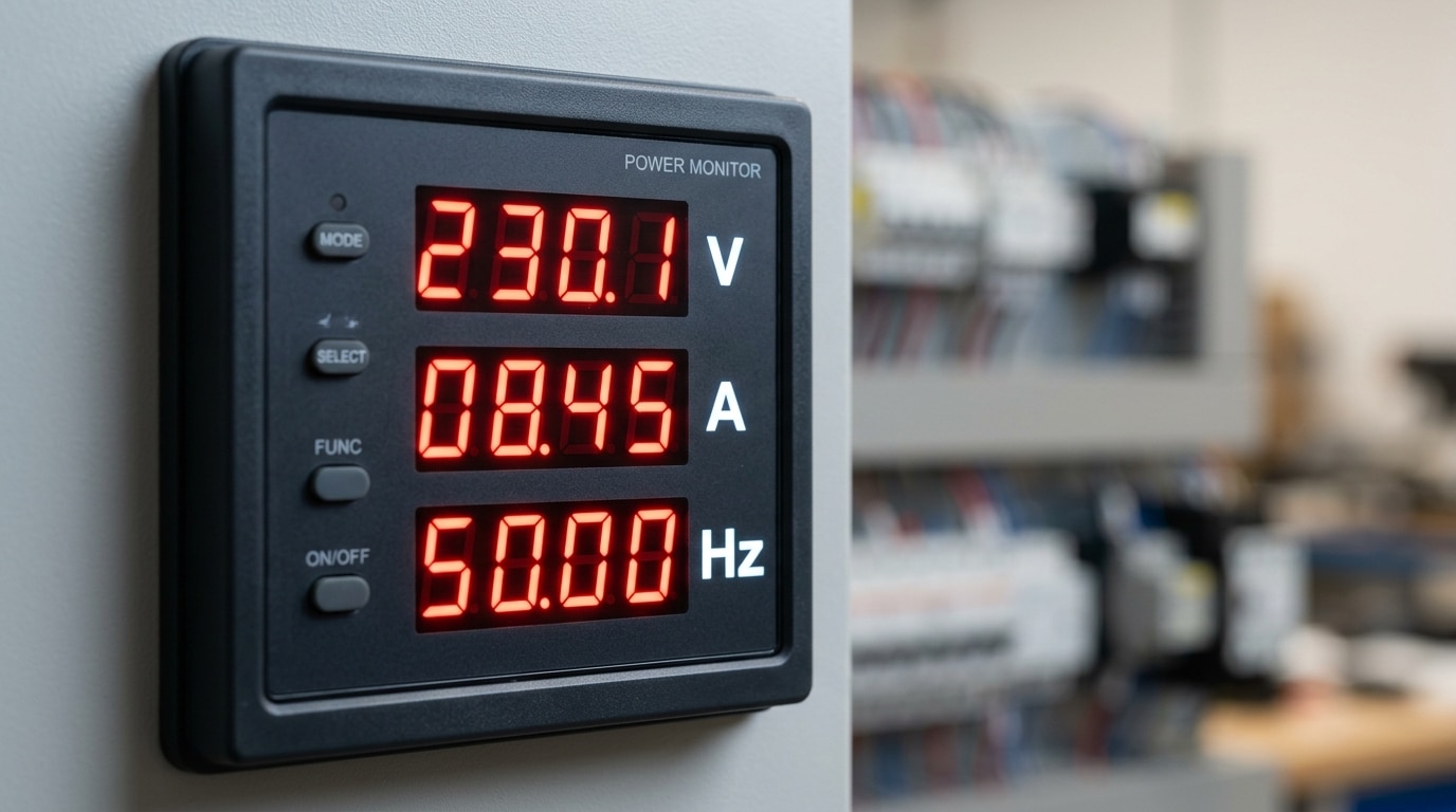How to read digital panel meter unit labels V A W Hz