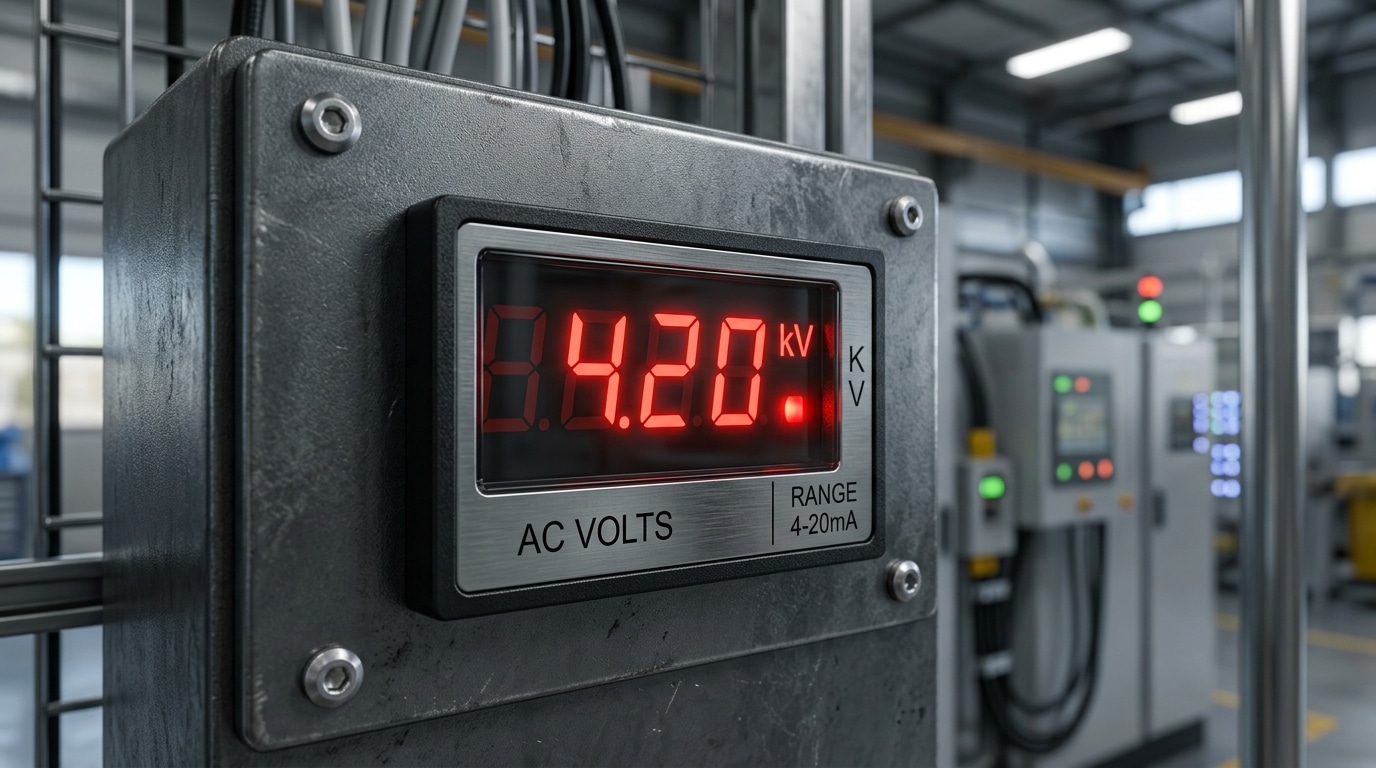 how to read digital panel meter display showing numeric value, kV multiplier, and unit indicator