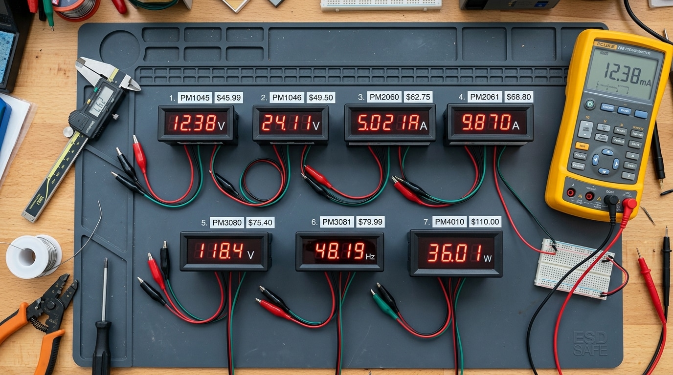 Seven LED digital panel meter models compared side by side with spec tags
