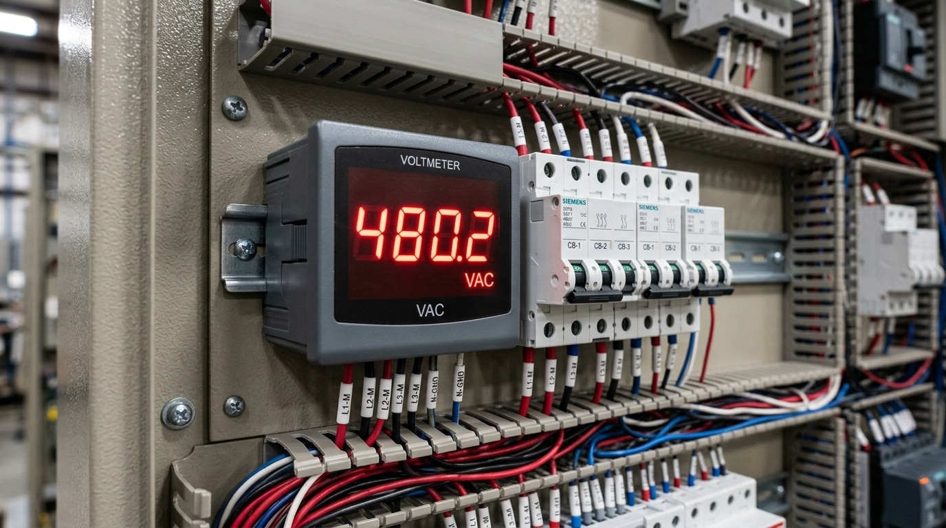 LED digital panel meter installed in industrial control panel displaying AC voltage