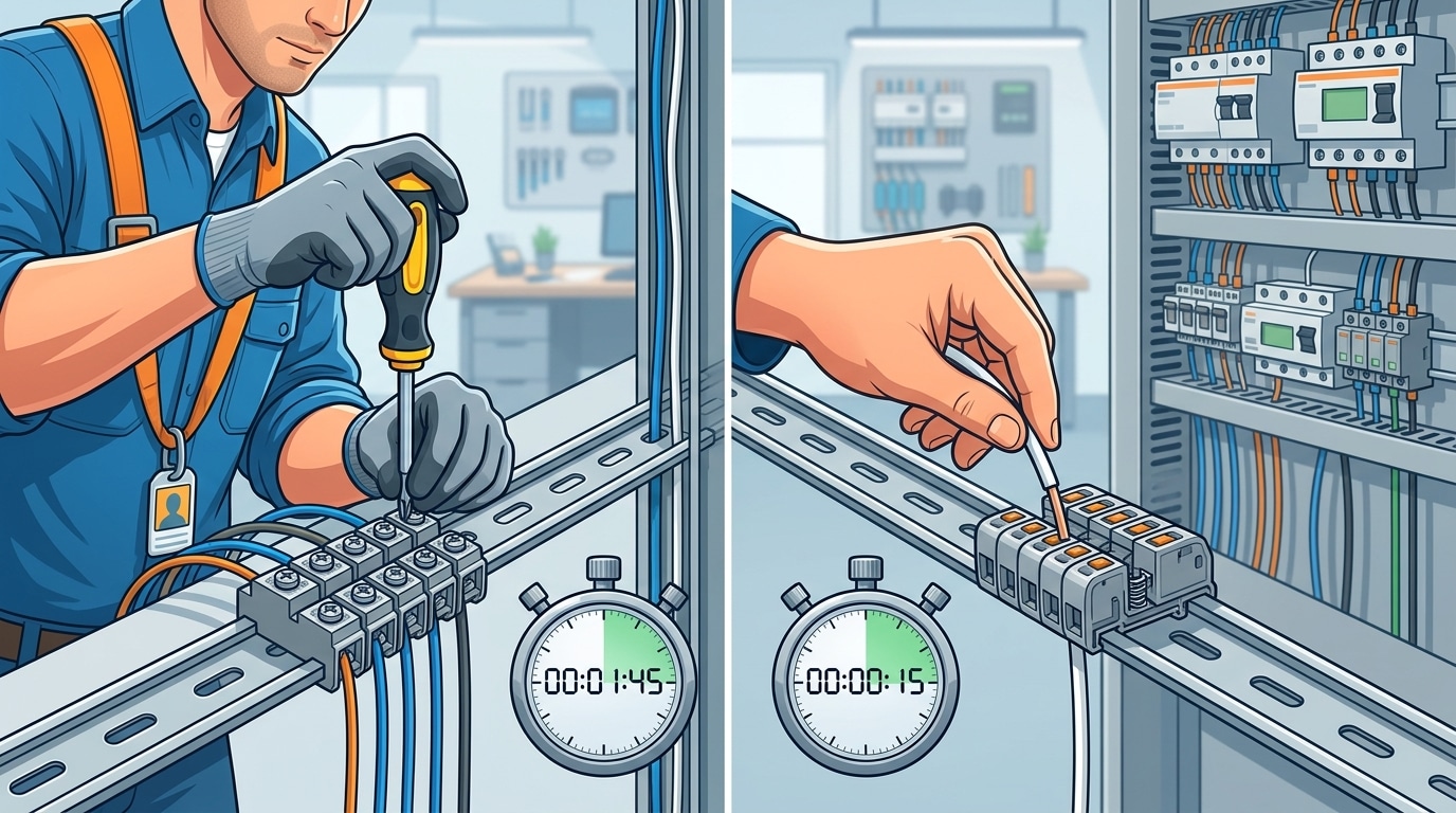 Push-in terminal block advantages in panel wiring time reduction comparison