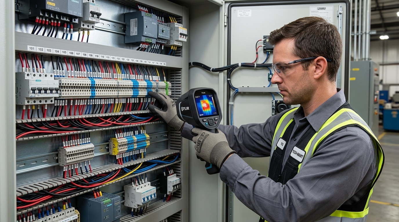 Thermographic inspection showing push-in terminal block advantages over screw retorquing maintenance