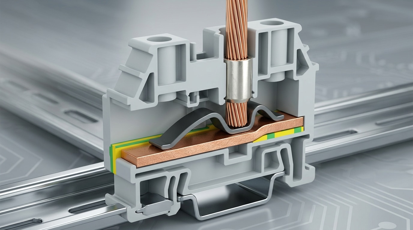 push-in terminal block advantages illustrated through internal spring-cage connection detail