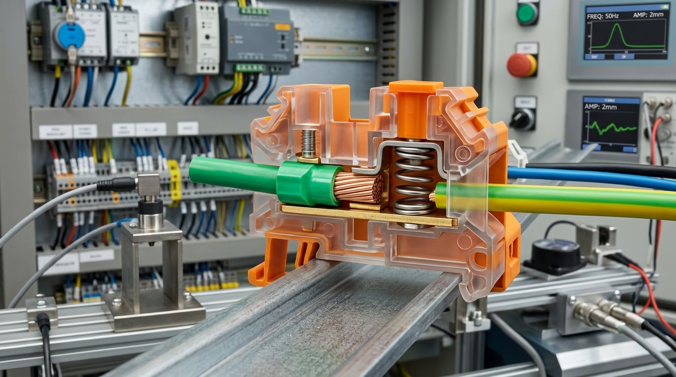 Push-in terminal block advantages under IEC 60068-2-6 vibration testing on rail equipment