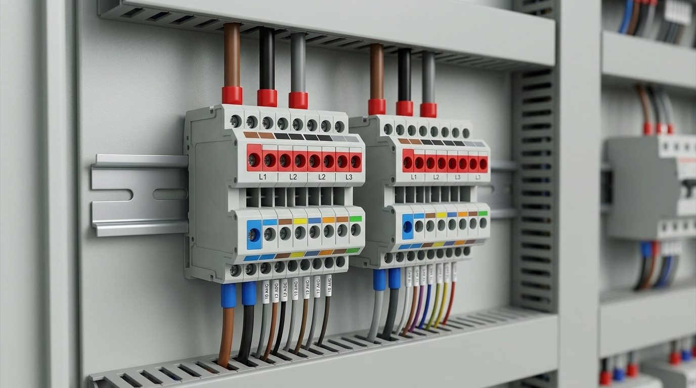 multi-level terminal block applications in MCC power distribution with phase grouping