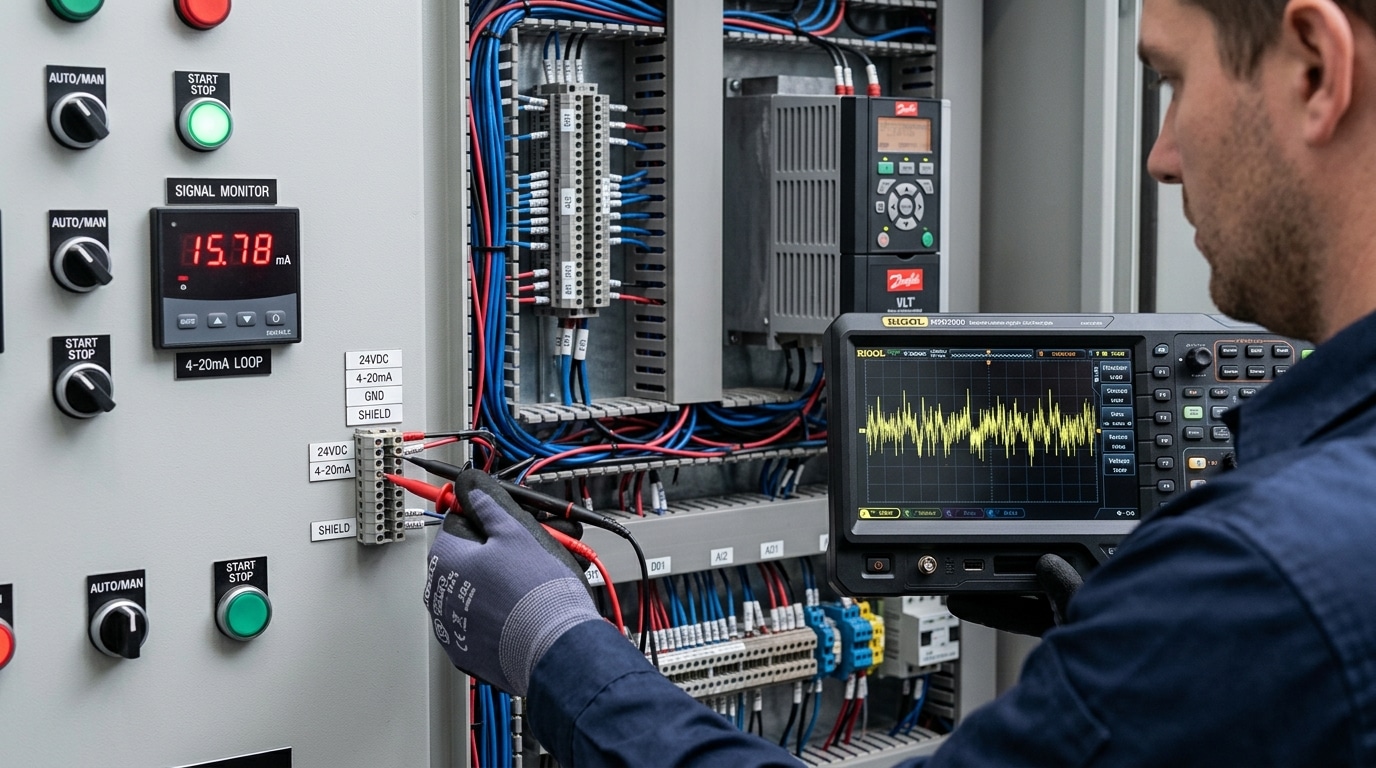 digital panel meter troubleshooting erratic readings caused by VFD electromagnetic interference