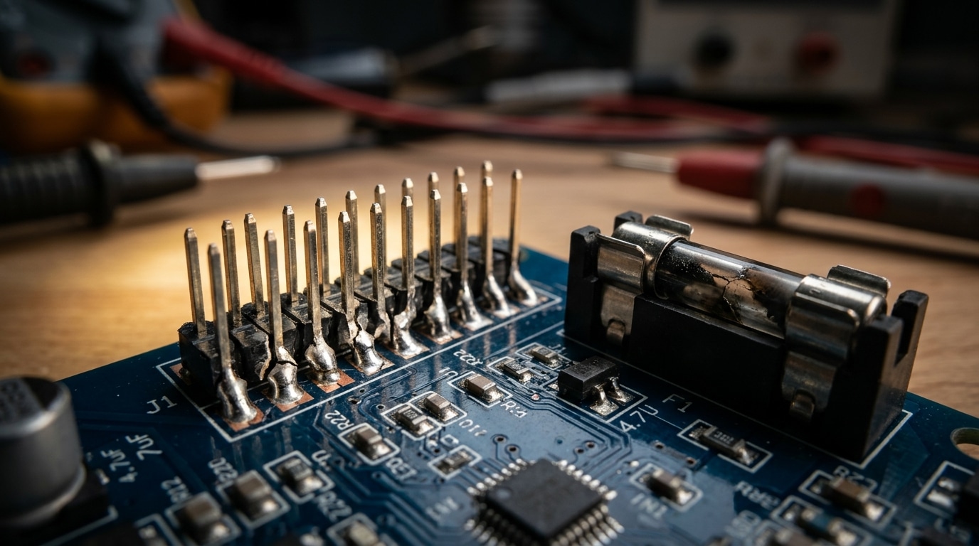 digital panel meter not working due to blown fuse and cracked solder joints on PCB