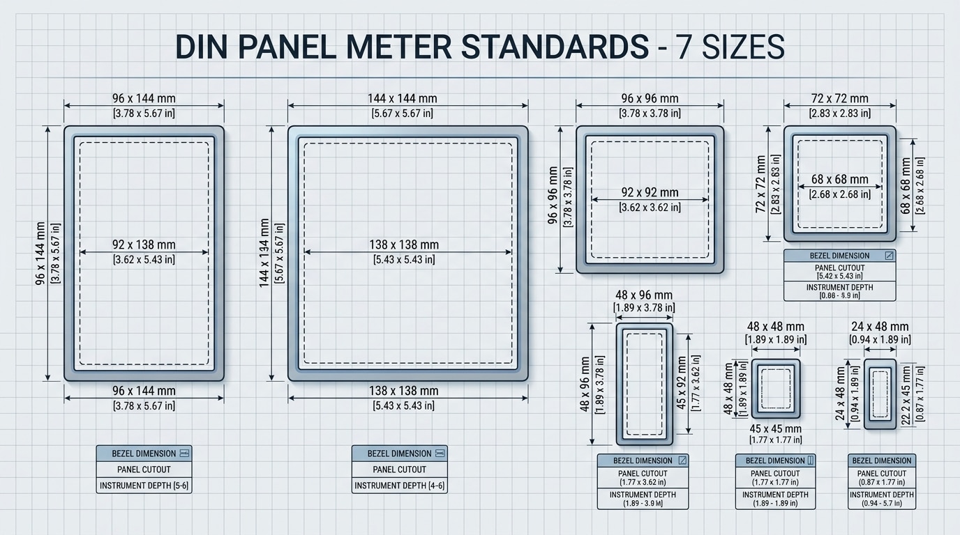 digital panel meter size standards cutout chart comparing 1/32 to 1/2 DIN formats