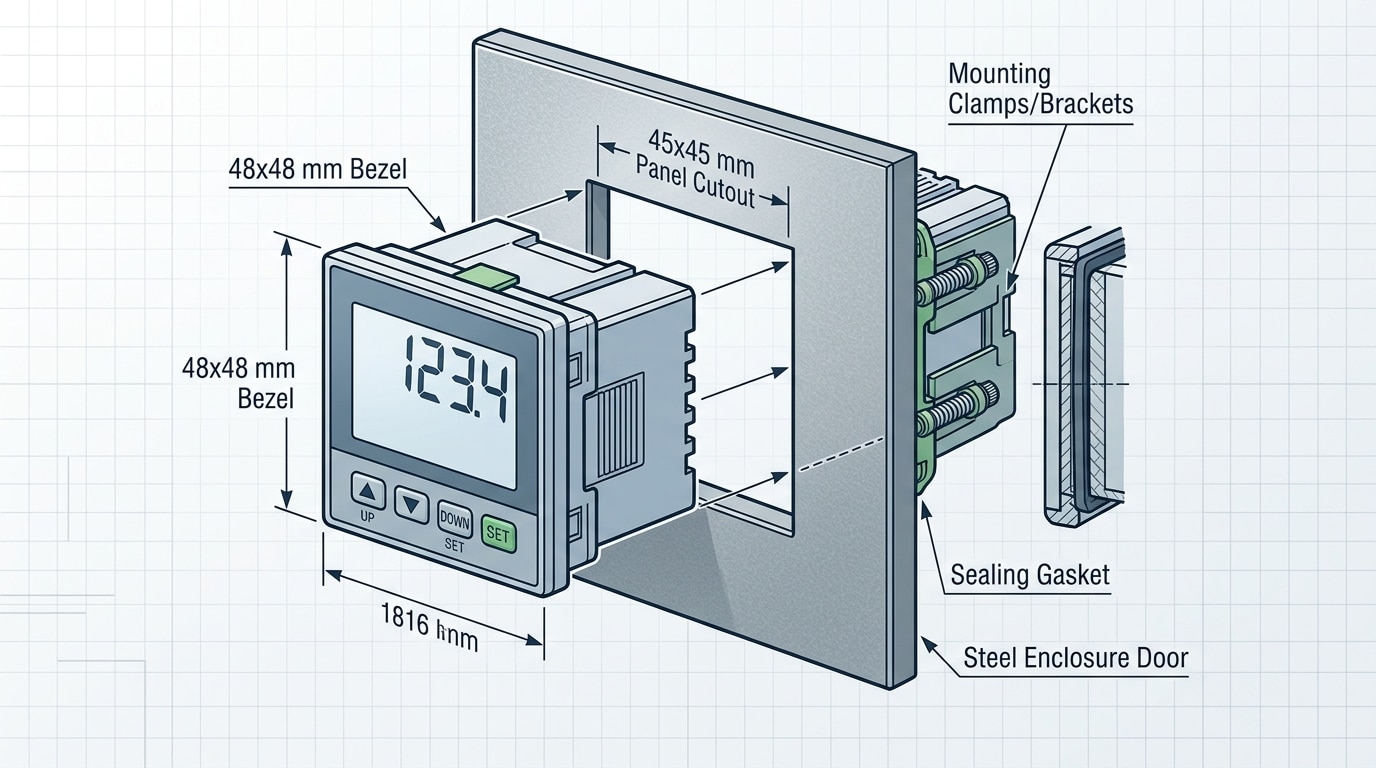 1/16 DIN digital panel meter size standards showing 48x48 mm bezel and 45 mm square cutout