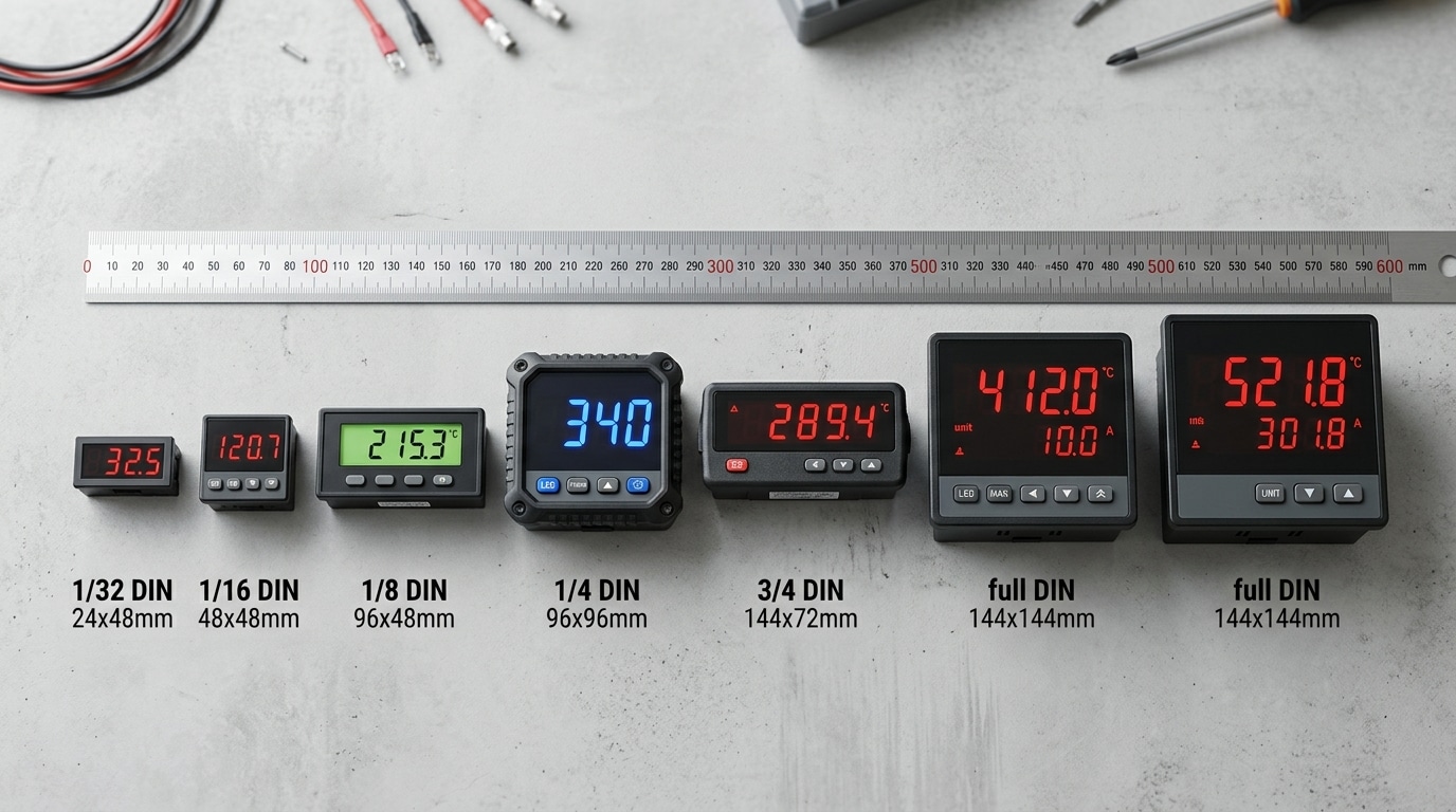 Digital panel meter size standards comparison showing all seven DIN sizes from 1/32 to full DIN
