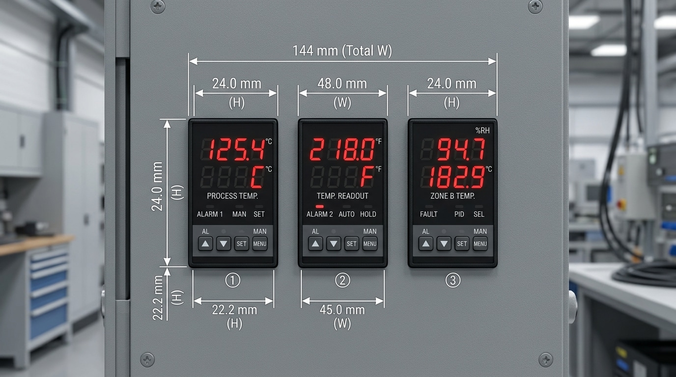 1/32 DIN digital panel meter size standards showing 24x48mm bezel and cutout dimensions
