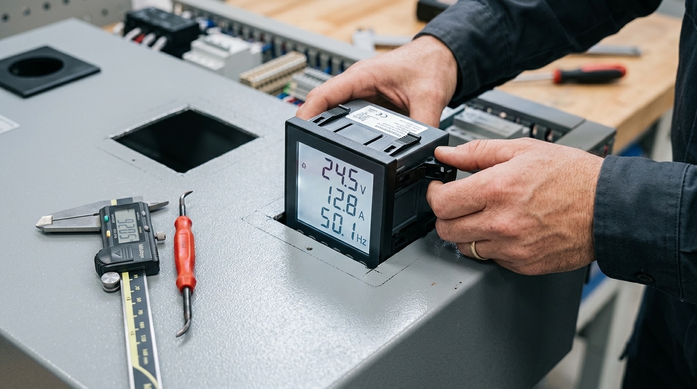 how to install digital panel meter — 92mm DIN cutout and rear mounting clip detail