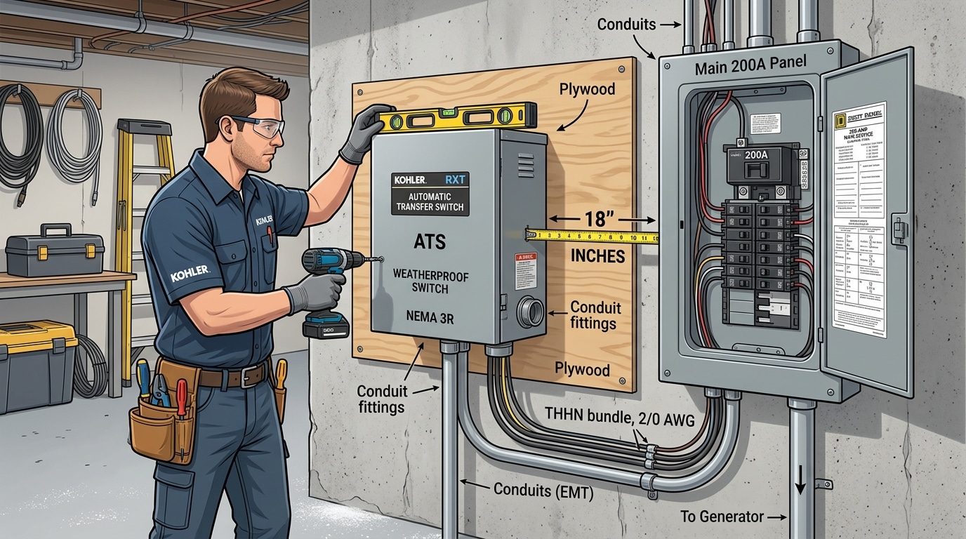 how to install an automatic transfer switch by mounting ATS enclosure 18 inches from main panel with proper NEC clearance