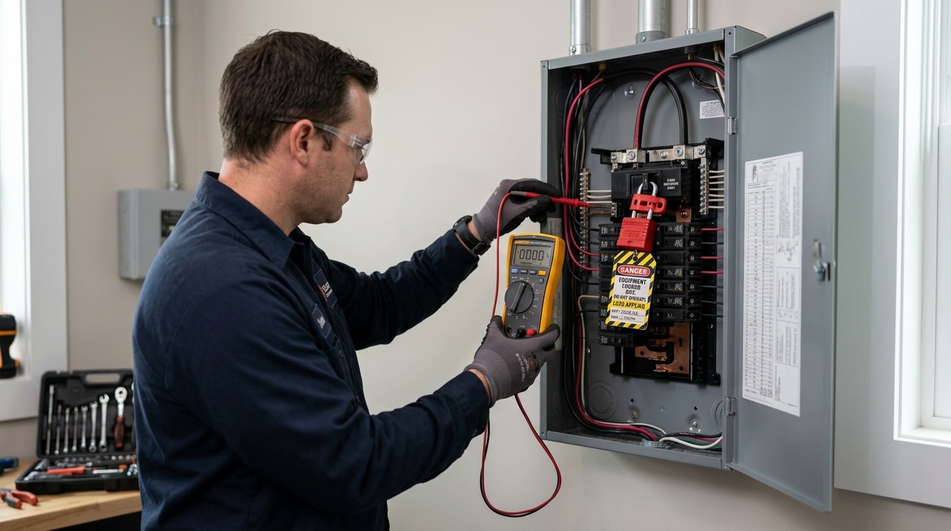 Verifying dead circuit before automatic transfer switch installation using lockout tagout and multimeter
