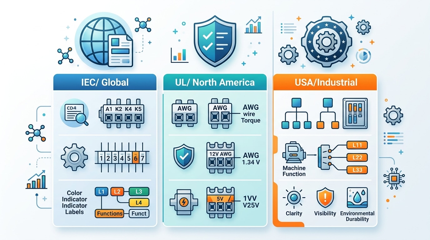 Comparison of IEC 60947-7-1 UL 1059 and NFPA 79 terminal block numbering standards by region
