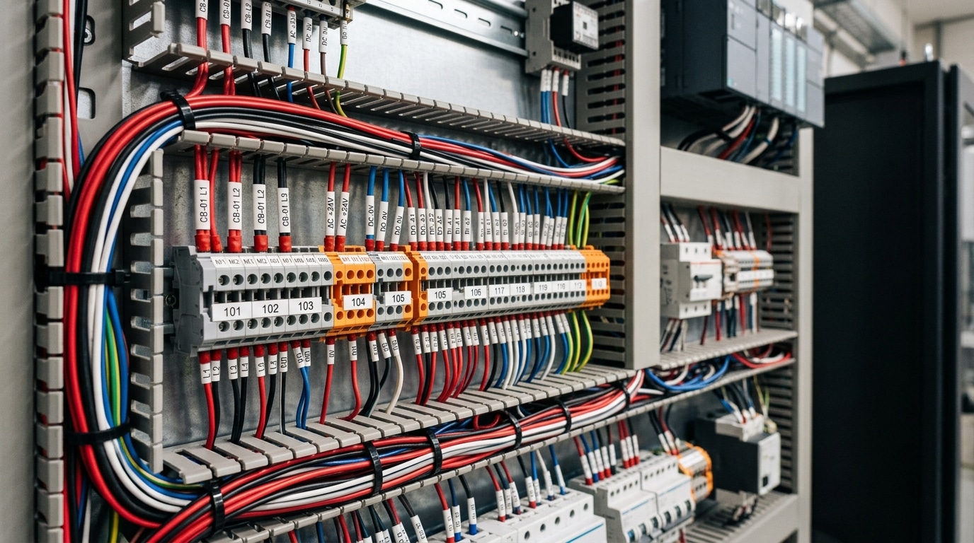 Standardized terminal block numbering and labeling inside an industrial control panel