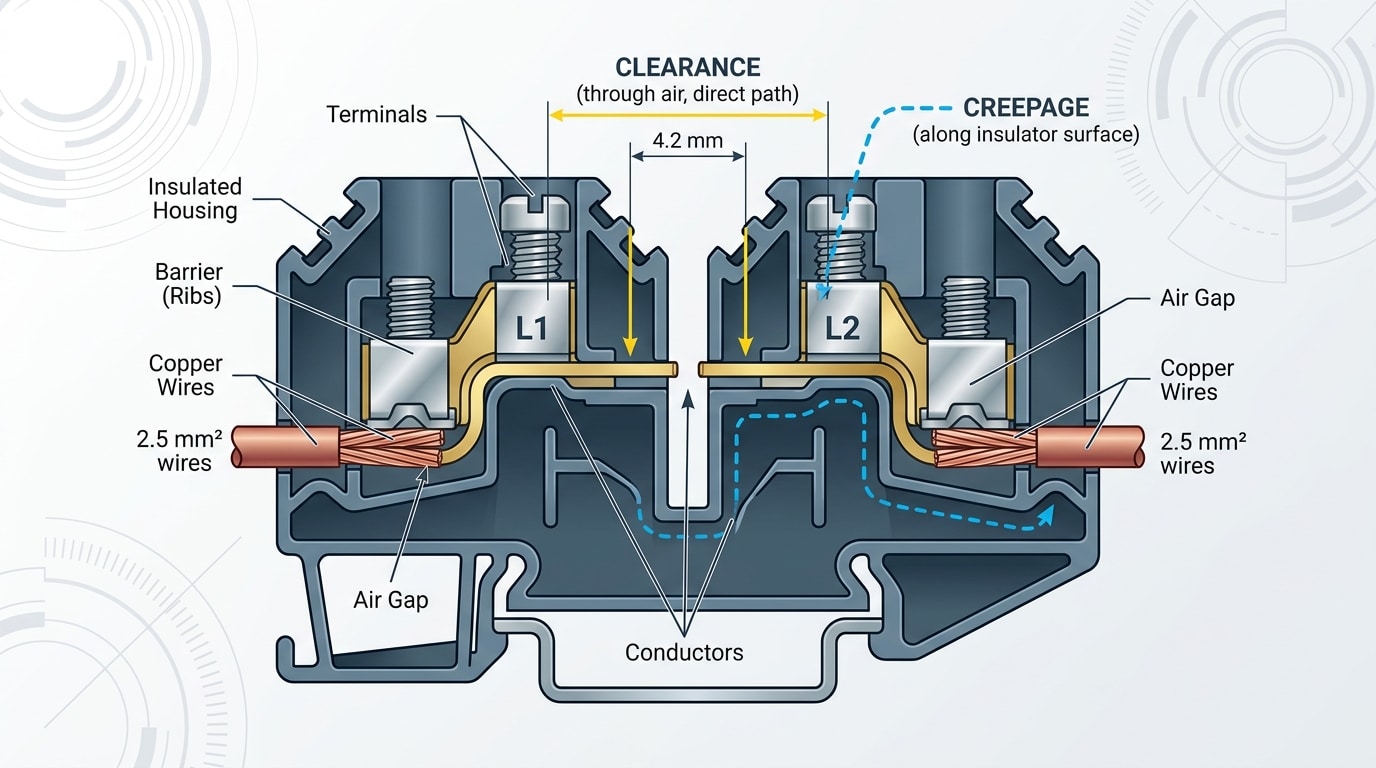 UL 1059 clearance and creepage distance measurement diagram for listed terminal blocks