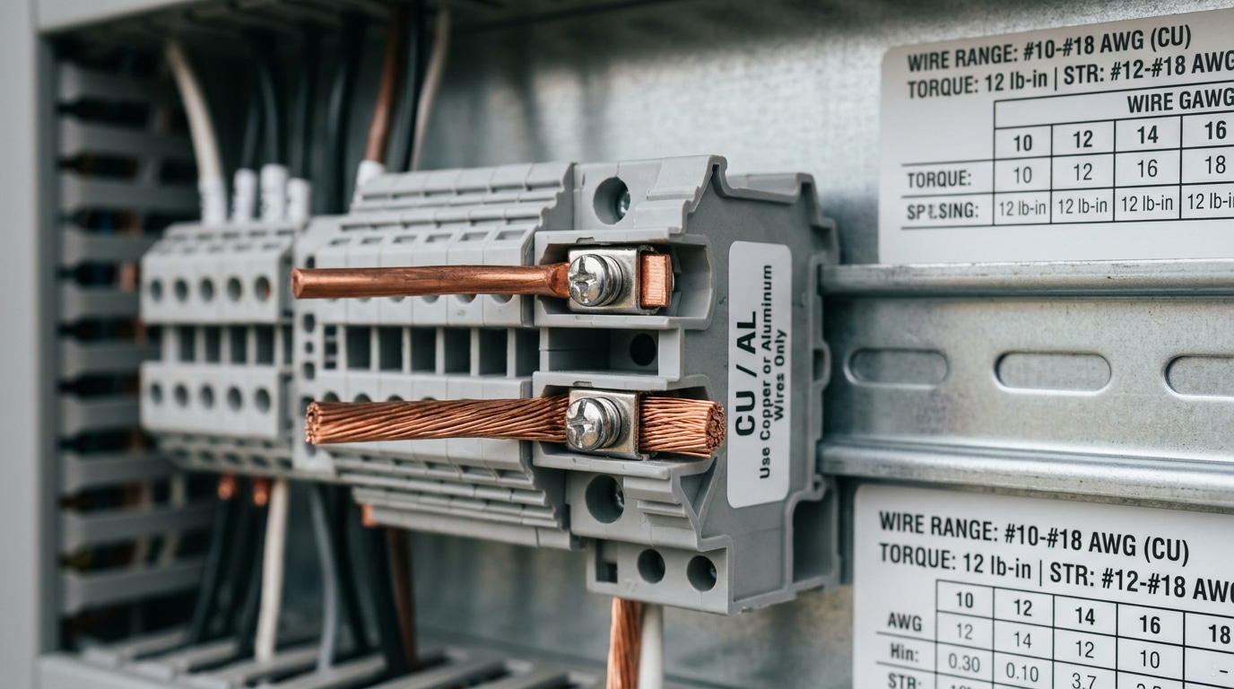 UL listed terminal blocks requirements showing AWG range and CU/AL conductor compatibility marking