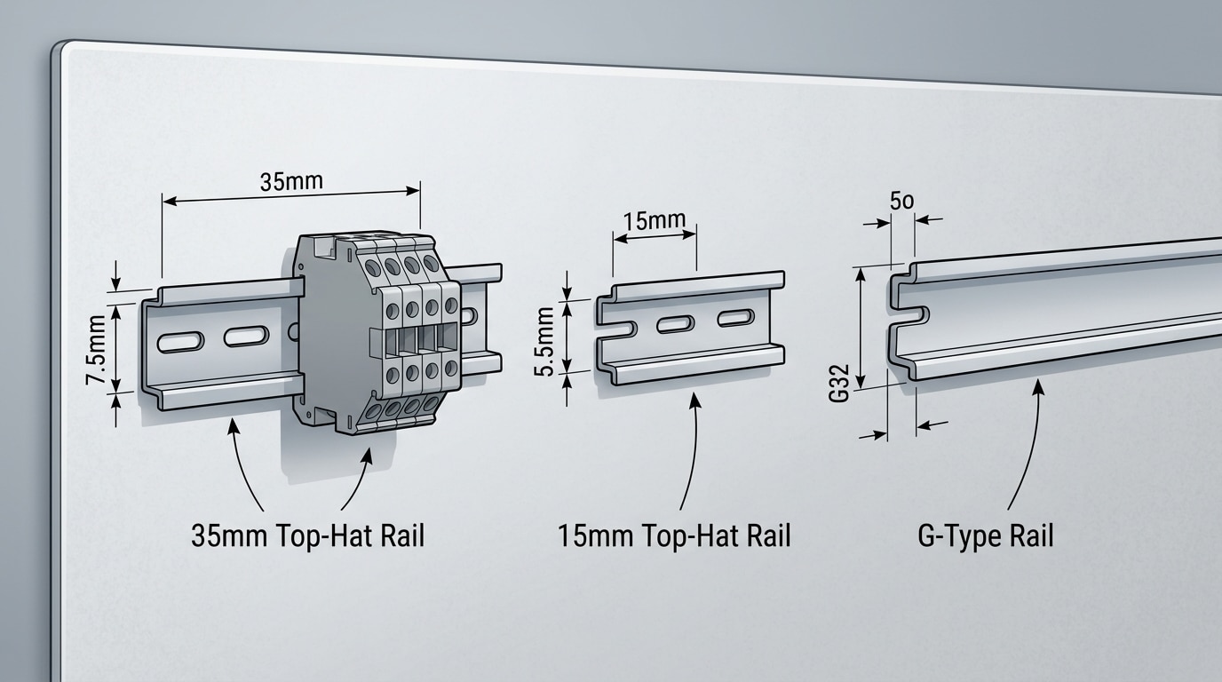 DIN rail profiles 35mm top-hat 15mm and G-type compared for terminal block compatibility