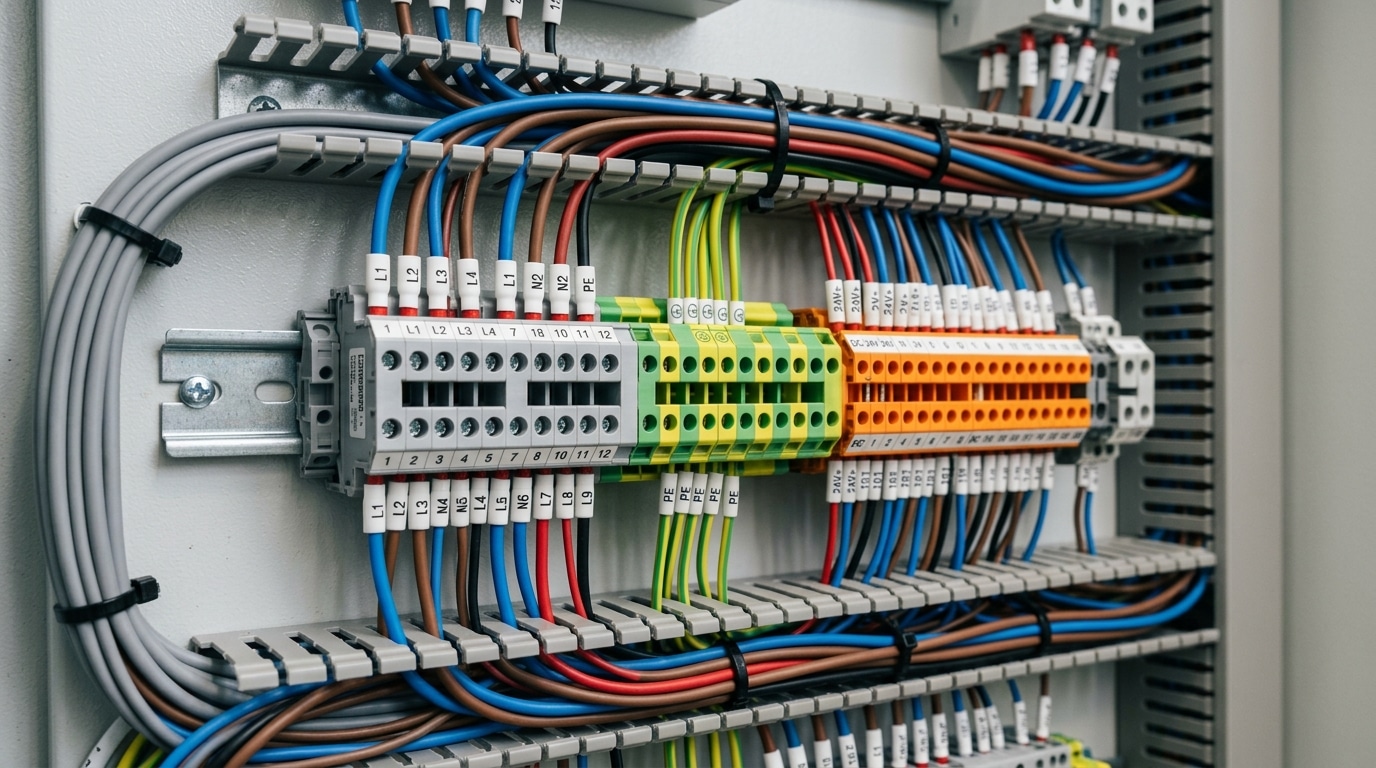Various din rail terminal block types mounted inside an industrial control panel