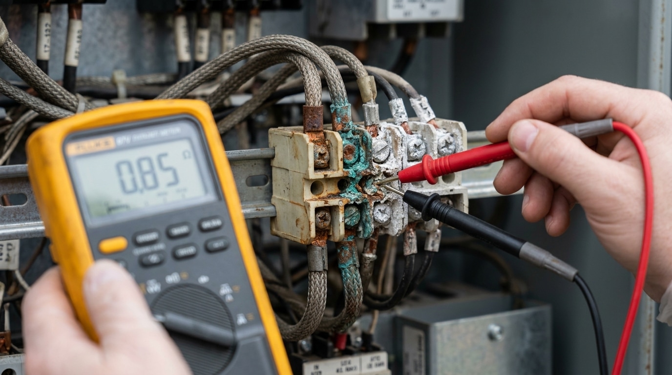 Terminal block troubleshooting showing corrosion and oxidation on contact surfaces with resistance measurement
