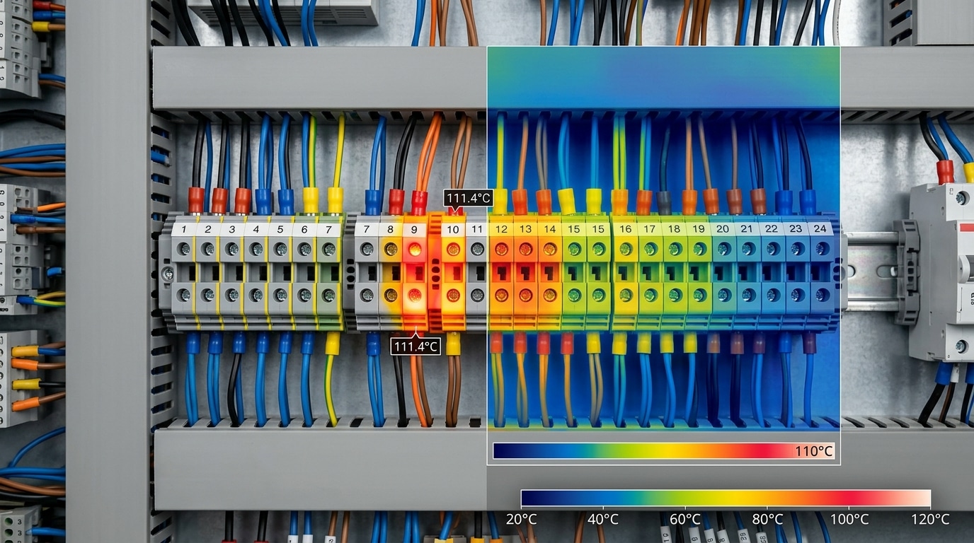 Terminal block troubleshooting reference chart showing nine common fault types on DIN-rail blocks