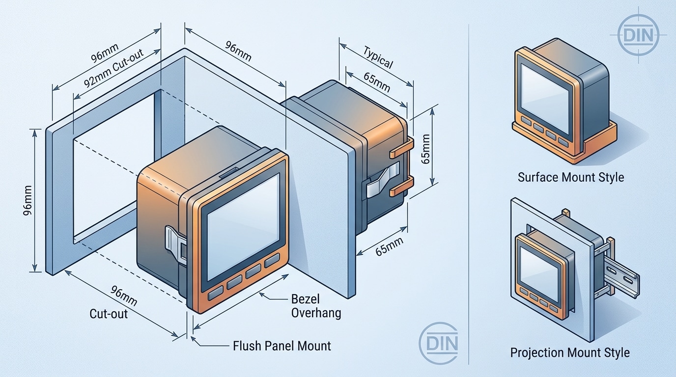 96x96 digital panel meter flush mount dimensions per DIN 43700